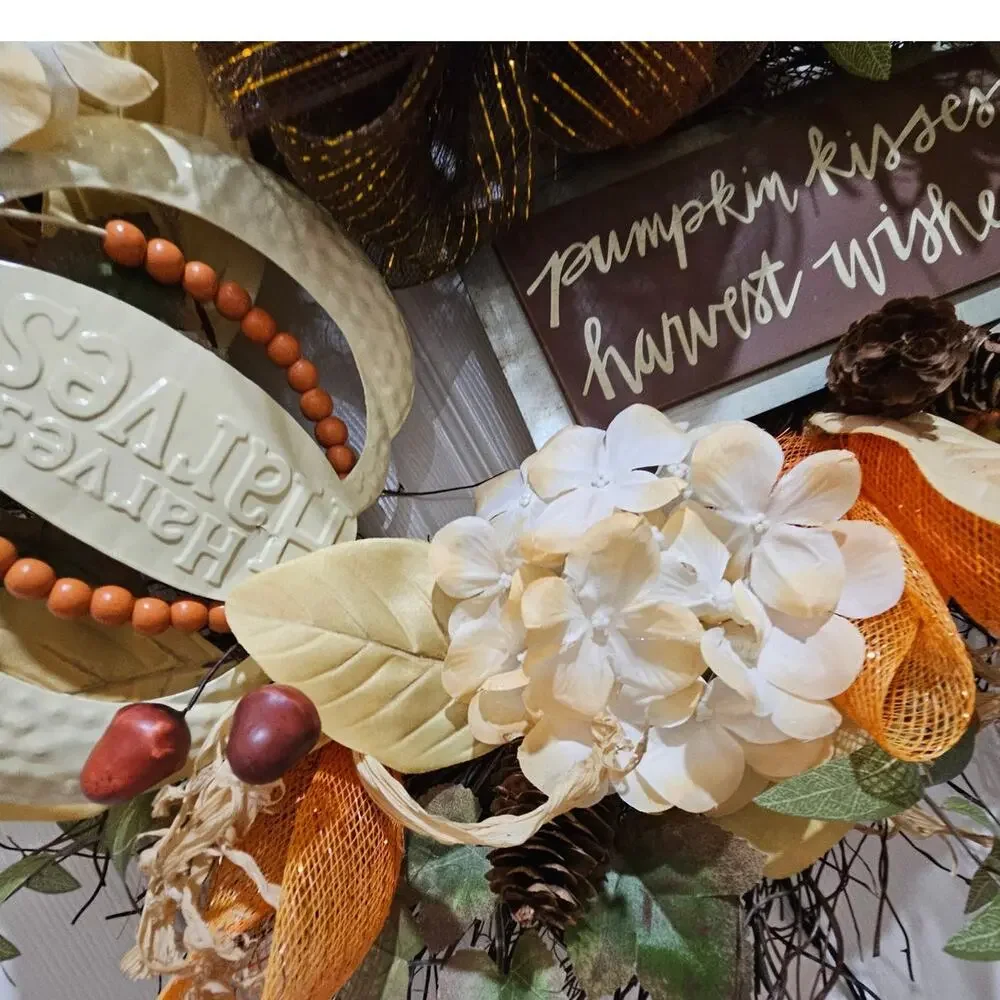 pumpkin kisses harvest wishes Handmade Wreath Fall Autumn Brown Orange 24